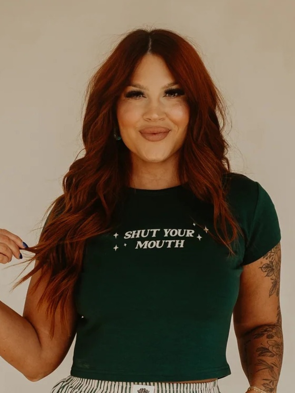 Bourbon and Belles Shut Your Mouth Forest Green Graphic Crop Tee